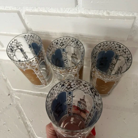 Vintage MCM 22 Karat Gold Rocks Glasses Blue Birdcage Set of 4 Georges Briard - Picture 8 of 14